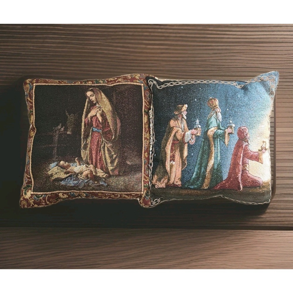 2 Vtg Mohawk Christmas Tapestry Throw Pillows Mary & Jesus + 3 Wise Men Made USA